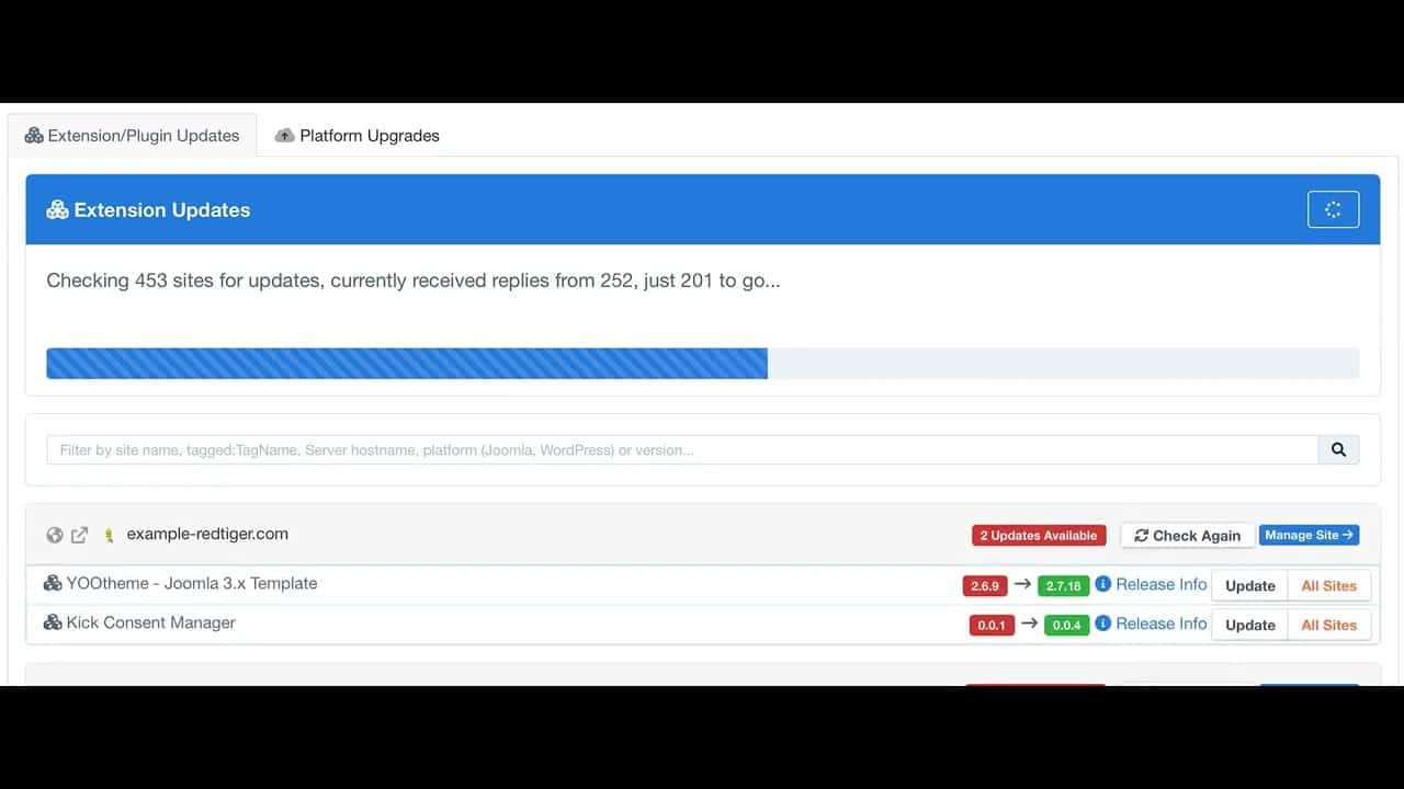 How quick to check 453 Joomla and WordPress sites for Plugin and Extension updates?